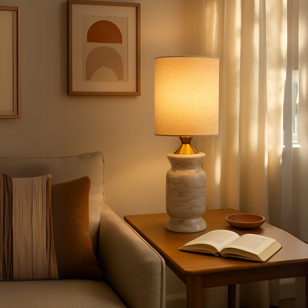 Serena Marble Table Lamp | 4.7 × 16.9 in | Solid Marble Base | Linen Shade | Brick by Brick