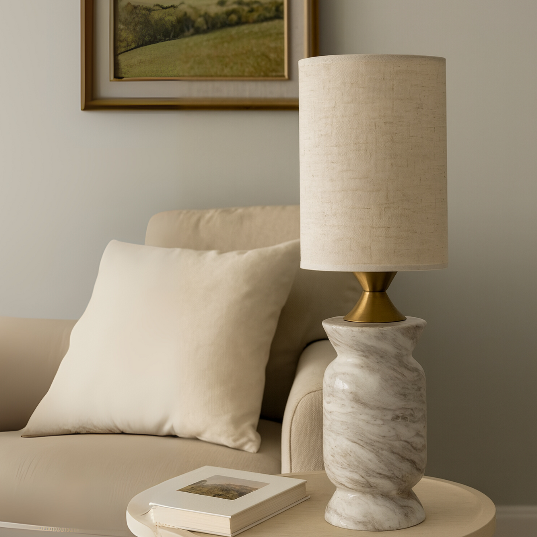 Serena Marble Table Lamp | 4.7 × 16.9 in | Solid Marble Base | Linen Shade | Brick by Brick