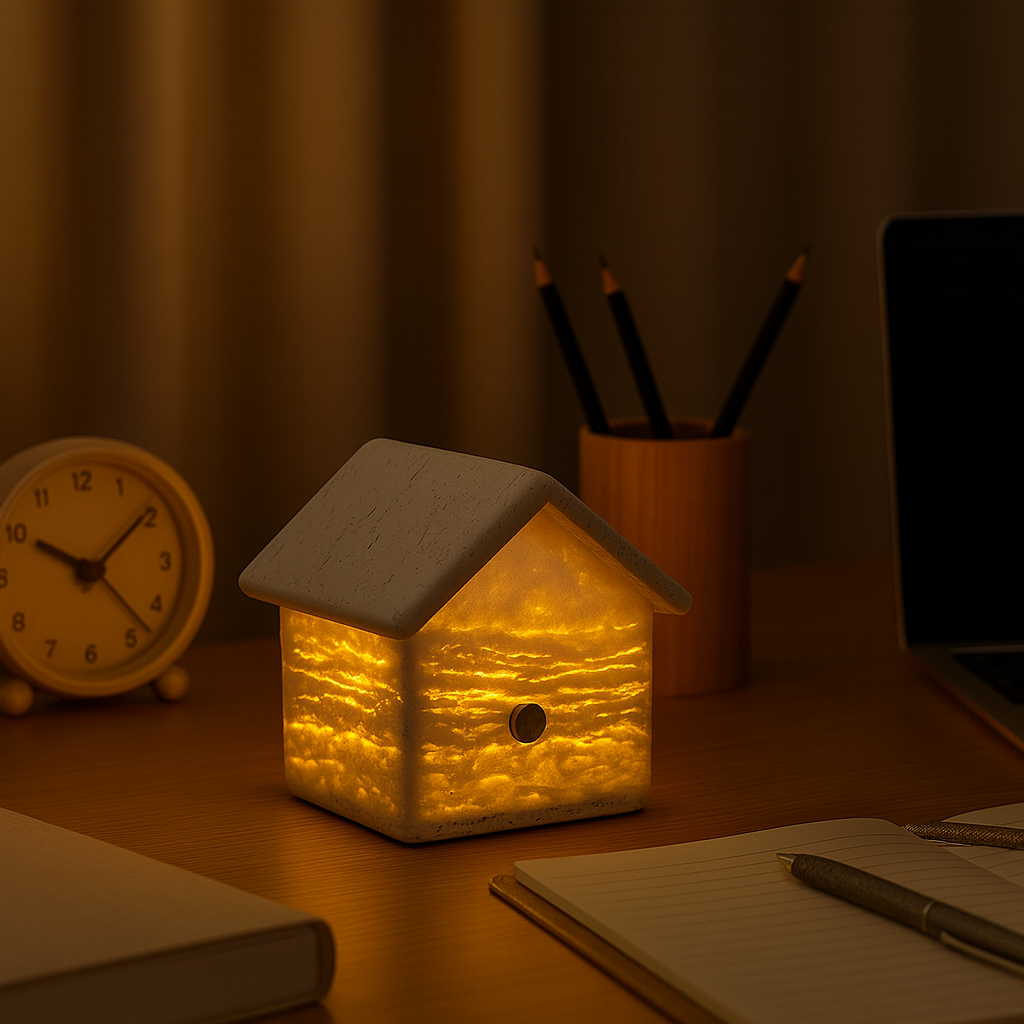 Marble House Table Lamp | 3.5 × 3.1 in | Solid Marble Accent Lighting | Sculptural Stone Glow | Brick by Brick