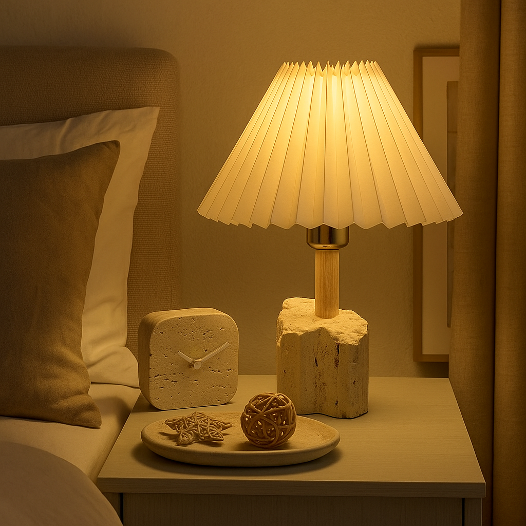 Travertine Table Lamp | 9.4 × 14.6 inches | Solid Stone Base | Pleated Shade | Warm Ambient Lighting | Brick by Brick