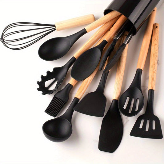12-Piece Silicone Kitchen Utensil Set | Khaki Wooden Handles | Non-Stick Cooking Tools | Eco-Friendly | Brick by Brick