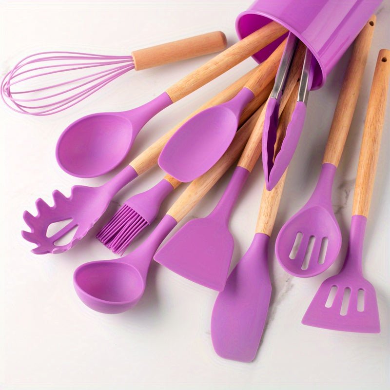 12-Piece Silicone Kitchen Utensil Set | Khaki Wooden Handles | Non-Stick Cooking Tools | Eco-Friendly | Brick by Brick