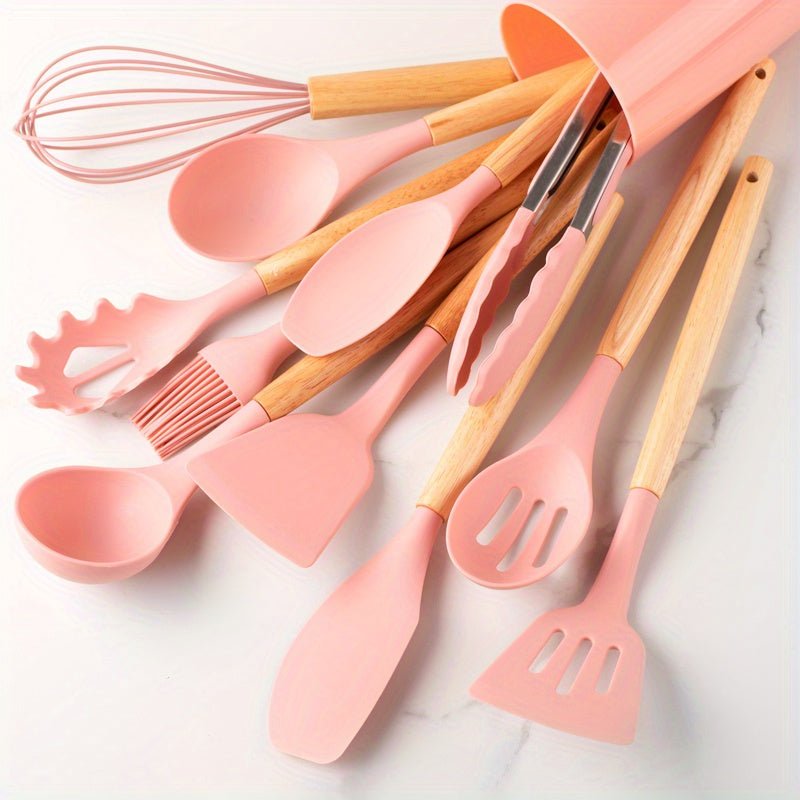 12-Piece Silicone Kitchen Utensil Set | Khaki Wooden Handles | Non-Stick Cooking Tools | Eco-Friendly | Brick by Brick