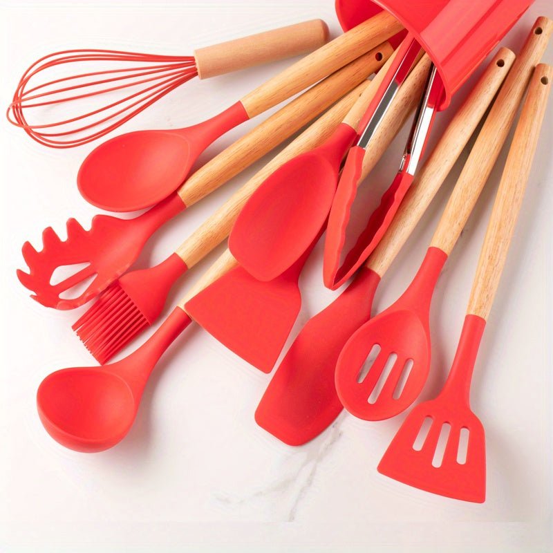 12-Piece Silicone Kitchen Utensil Set | Khaki Wooden Handles | Non-Stick Cooking Tools | Eco-Friendly | Brick by Brick