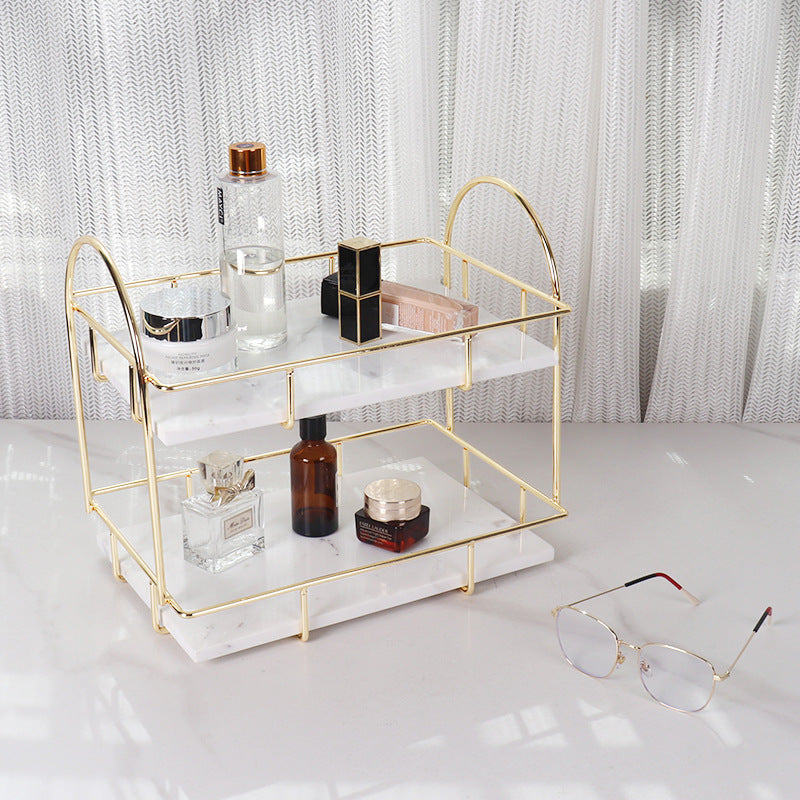 Rectangular Marble Double Tray | 12.6 × 8.3 × 11 in | Two-Tier Organizer | Gold Handles | Brick by Brick