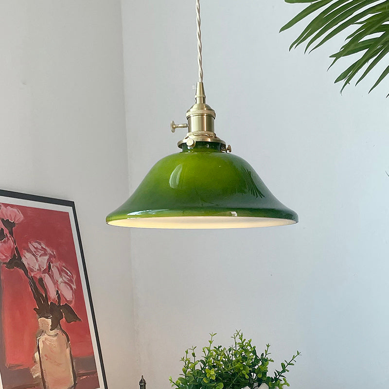 Rustic Vintage Pendant Light | D 7.5 or 9.8 in | Green Glass & Copper Finish | Industrial Ceiling Lamp | Brick by Brick