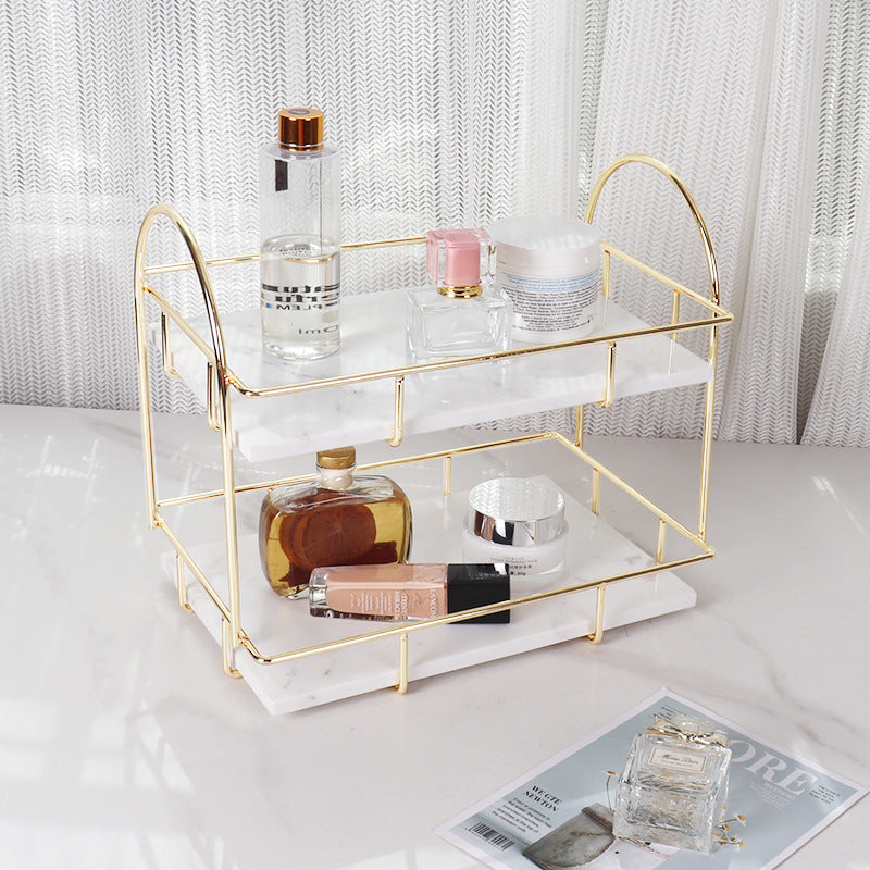 Rectangular Marble Double Tray | 12.6 × 8.3 × 11 in | Two-Tier Organizer | Gold Handles | Brick by Brick