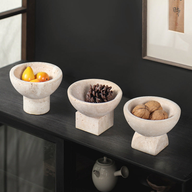 Travertine Mini Pedestal Bowl | 4.7 x 3.5 in | Small Stone Display Dish | Unique Bases | Brick by Brick