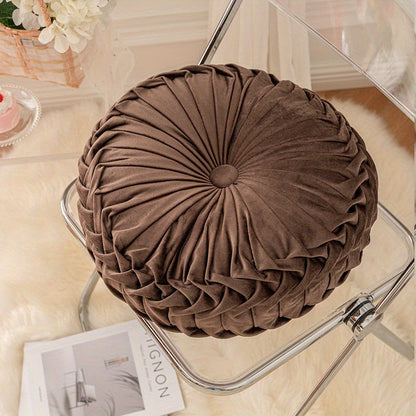Round Velvet Cushion | 13.7 x 4.7 in | Pleated Velvet Design with Center Button | Decorative Modern Accent | Brick by Brick