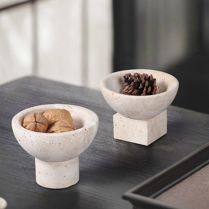 Travertine Mini Pedestal Bowl | 4.7 x 3.5 in | Small Stone Display Dish | Unique Bases | Brick by Brick