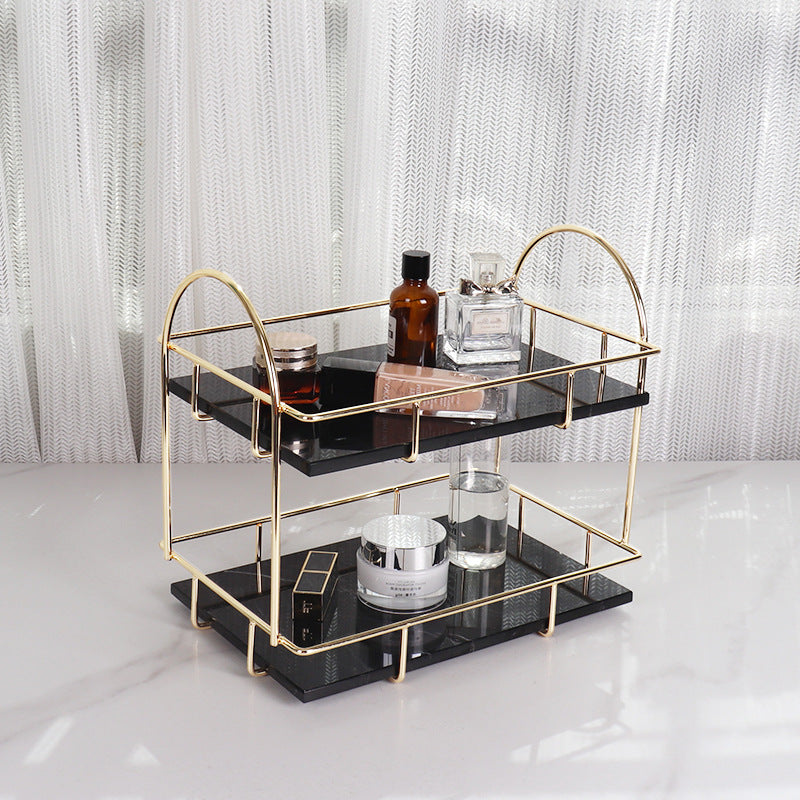 Rectangular Marble Double Tray | 12.6 × 8.3 × 11 in | Two-Tier Organizer | Gold Handles | Brick by Brick