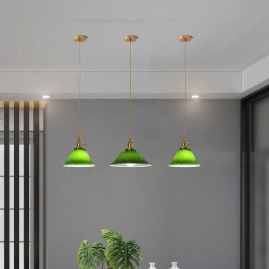Rustic Vintage Pendant Light | D 7.5 or 9.8 in | Green Glass & Copper Finish | Industrial Ceiling Lamp | Brick by Brick