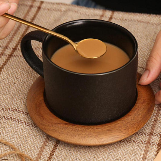 Stoneware Coffee Mug | Black | Oven-Baked Finish | Cup, Spoon & Base Set | Brick by Brick