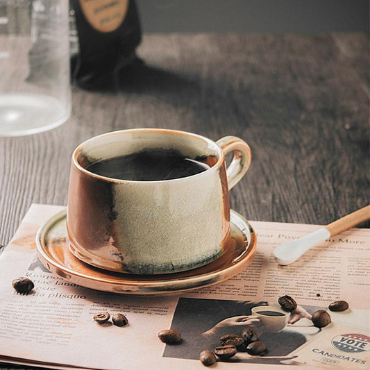 Rustic Stoneware Coffee Mug | 3"x2" Cup + 5" Dish | Brown & White Ceramic | Swivel Handle | Brick by Brick