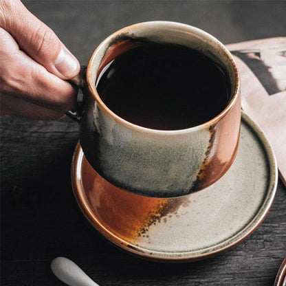 Rustic Stoneware Coffee Mug | 3"x2" Cup + 5" Dish | Brown & White Ceramic | Swivel Handle | Brick by Brick