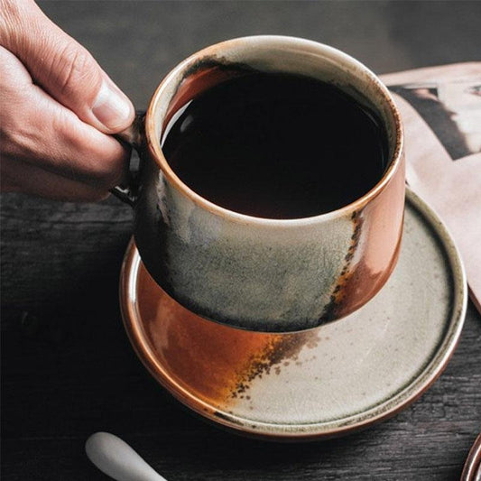 Rustic Stoneware Coffee Mug | 3"x2" Cup + 5" Dish | Brown & White Ceramic | Swivel Handle | Brick by Brick