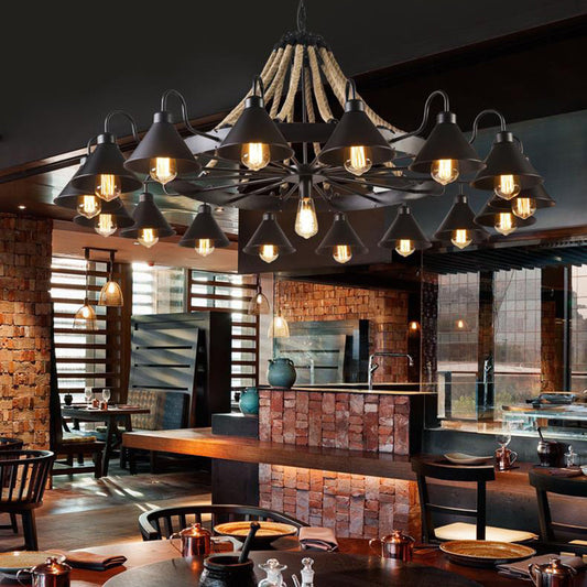 Vintage Industrial Rope Chandelier | 37.4/59 x 19.7 x 23.6 in | 9 or 17 Lights | Black Finish | Brick by Brick