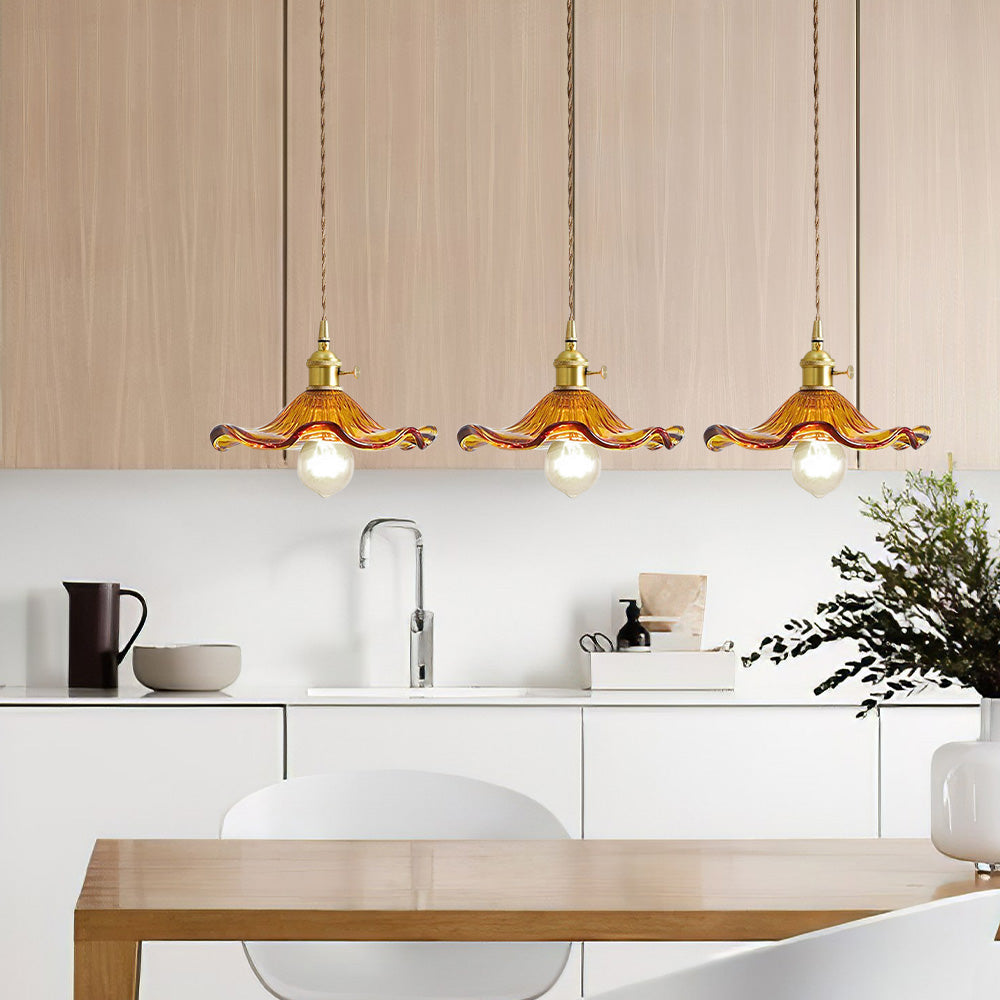 Art Nouveau Fluted Glass Pendant | Flower-Inspired Shade | H4.72in x D9.06-23.62in | Brass & Glass Craftsmanship | Brick by Brick