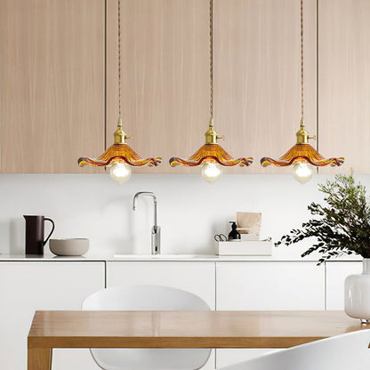 Art Nouveau Fluted Glass Pendant | Flower-Inspired Shade | H4.72in x D9.06-23.62in | Brass & Glass Craftsmanship | Brick by Brick