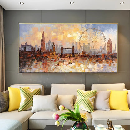 Sunset Over London Wall Art | 46 x 110 in | Textured Cityscape Painting | Iconic London Skyline at Dusk | Urban Wall Art | Brick by Brick