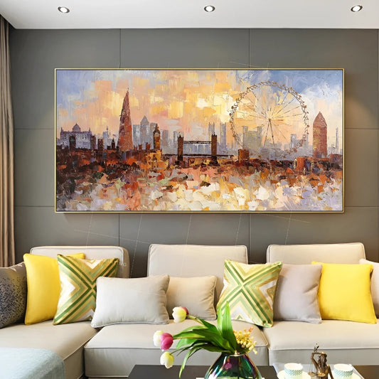 Sunset Over London Wall Art | 46 x 110 in | Textured Cityscape Painting | Iconic London Skyline at Dusk | Urban Wall Art | Brick by Brick