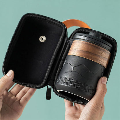 Travel Tea Set | 3.42 x 4.96 in | Ceramic Nested Pot & Cups | Bamboo Handle Design | Brick by Brick