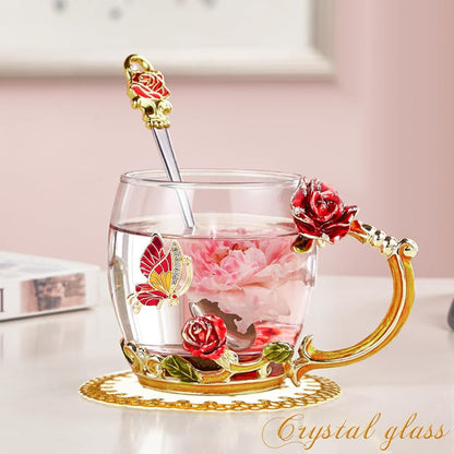 Glass Coffee Enamel Mug | 350ml | 3D Floral Glass Cup with Handle | Elegant Gift for Women | Brick by Brick