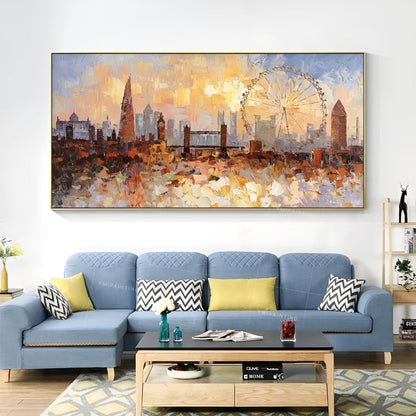 Sunset Over London Wall Art | 46 x 110 in | Textured Cityscape Painting | Iconic London Skyline at Dusk | Urban Wall Art | Brick by Brick