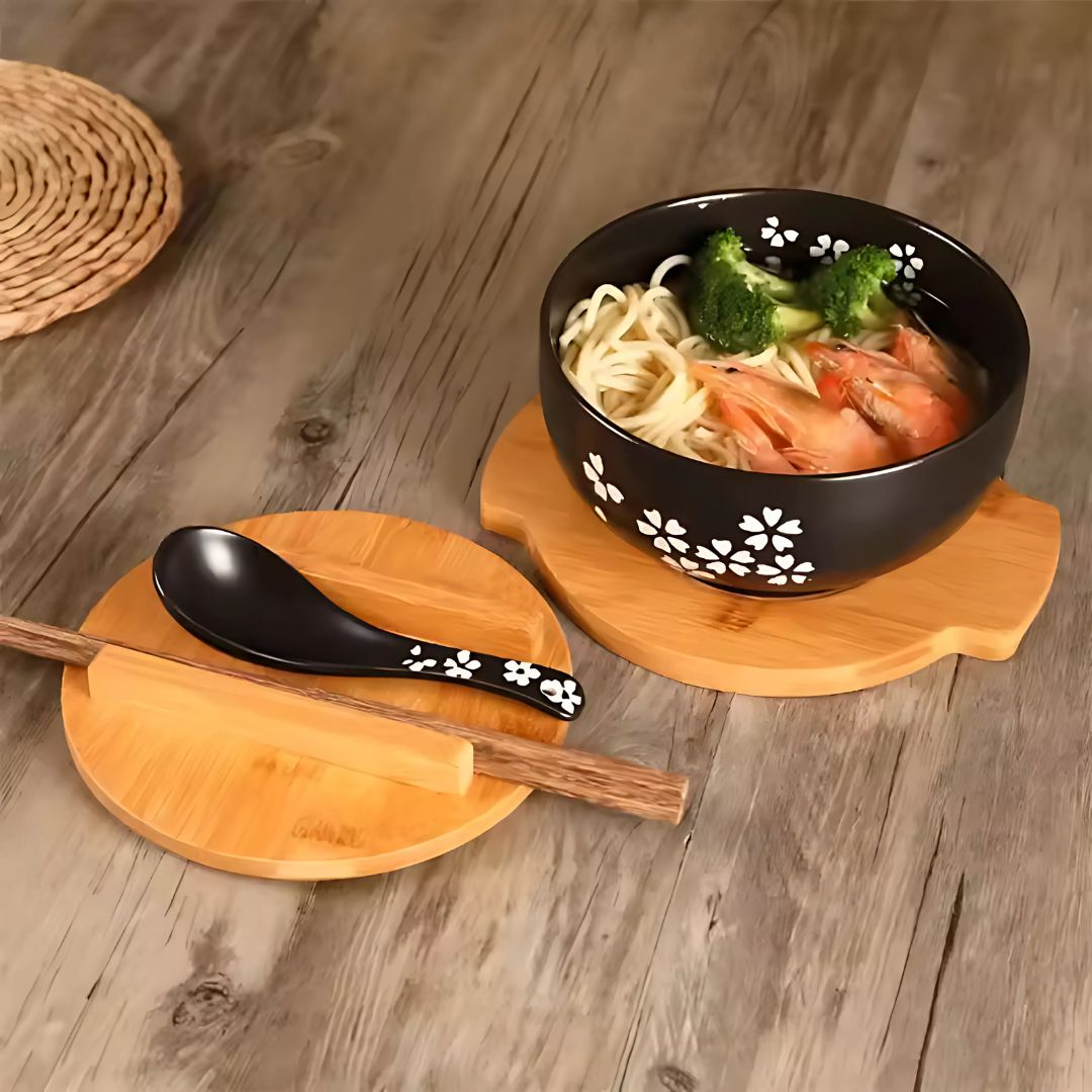 Japanese Handpainted Ramen Bowl Set | 40.5oz | Traditional Ceramic Bowl | Bamboo Lid & Wooden Tray | Brick by Brick