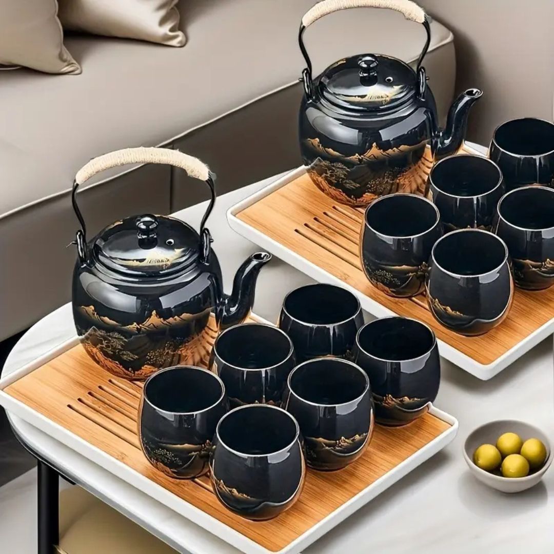 Japanese Blue Landscape Tea Set |6.3 × 4.7 × 5.1 in | Porcelain Teapot | 6 Cups and Tray | Brick by Brick