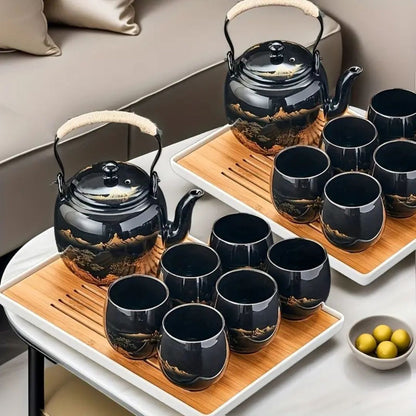 Japanese Blue Landscape Tea Set |6.3 × 4.7 × 5.1 in | Porcelain Teapot | 6 Cups and Tray | Brick by Brick