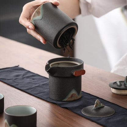 Japanese Mountain Sun Travel Tea Set | Portable Coarse Pottery Teaware | Handmade Glaze Design | Brick by Brick