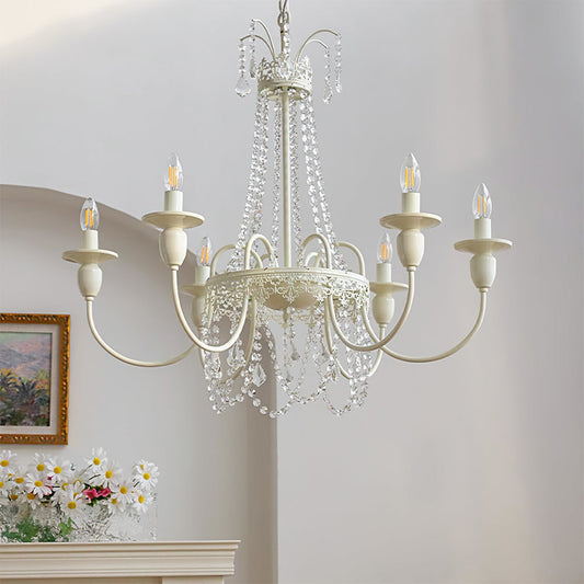 Vintage White Metal & Glass Chandelier | Crystal Tassel Ceiling Light, 4/6/8 Lamp | Brick by Brick