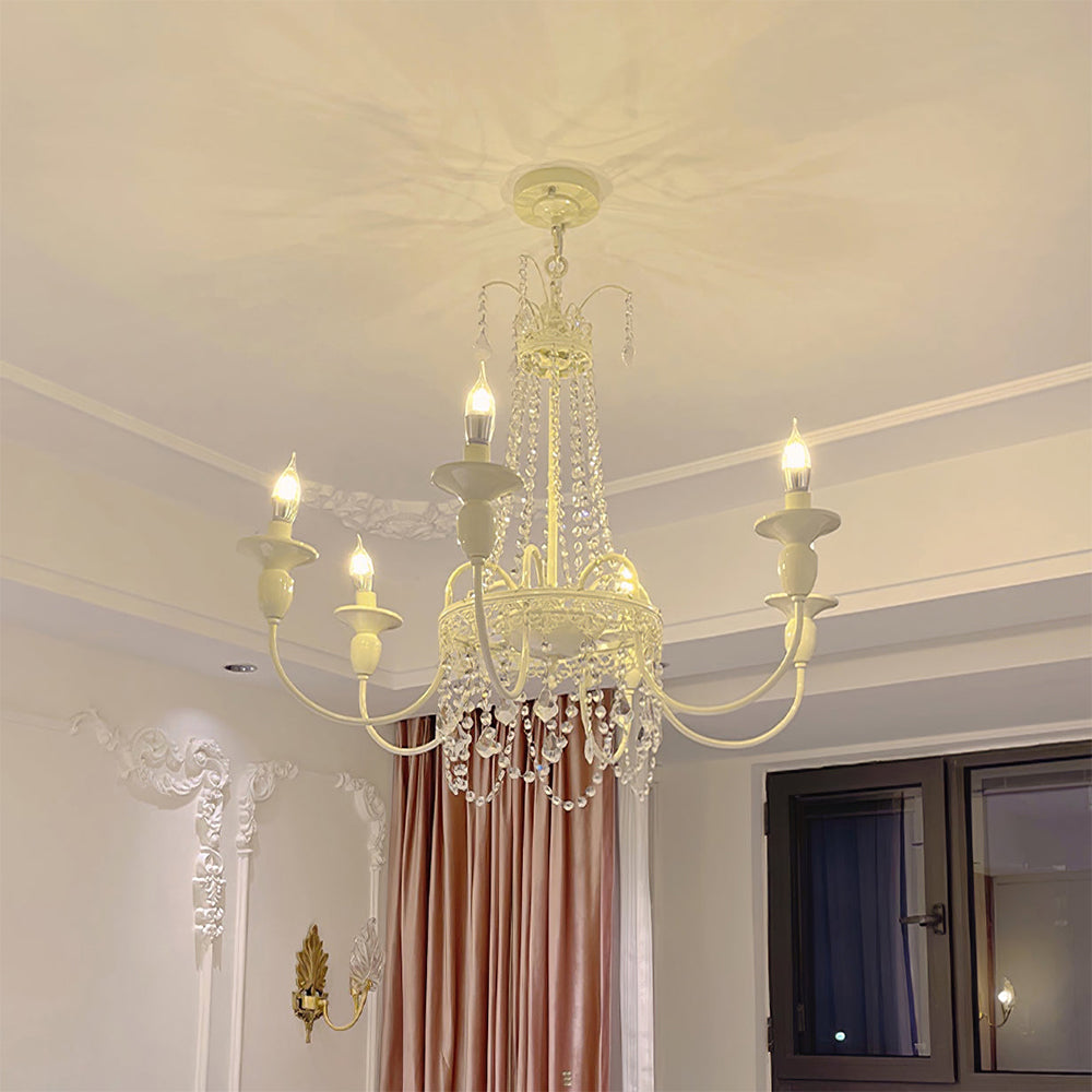 Vintage White Metal & Glass Chandelier | Crystal Tassel Ceiling Light, 4/6/8 Lamp | Brick by Brick