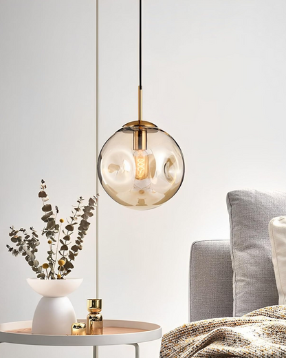 Hanging Pendant Lamp | Amber Glass Globe | Retro Modern Ceiling Light | Adjustable Cable Fixture | Brick By Brick