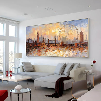 Sunset Over London Wall Art | 46 x 110 in | Textured Cityscape Painting | Iconic London Skyline at Dusk | Urban Wall Art | Brick by Brick