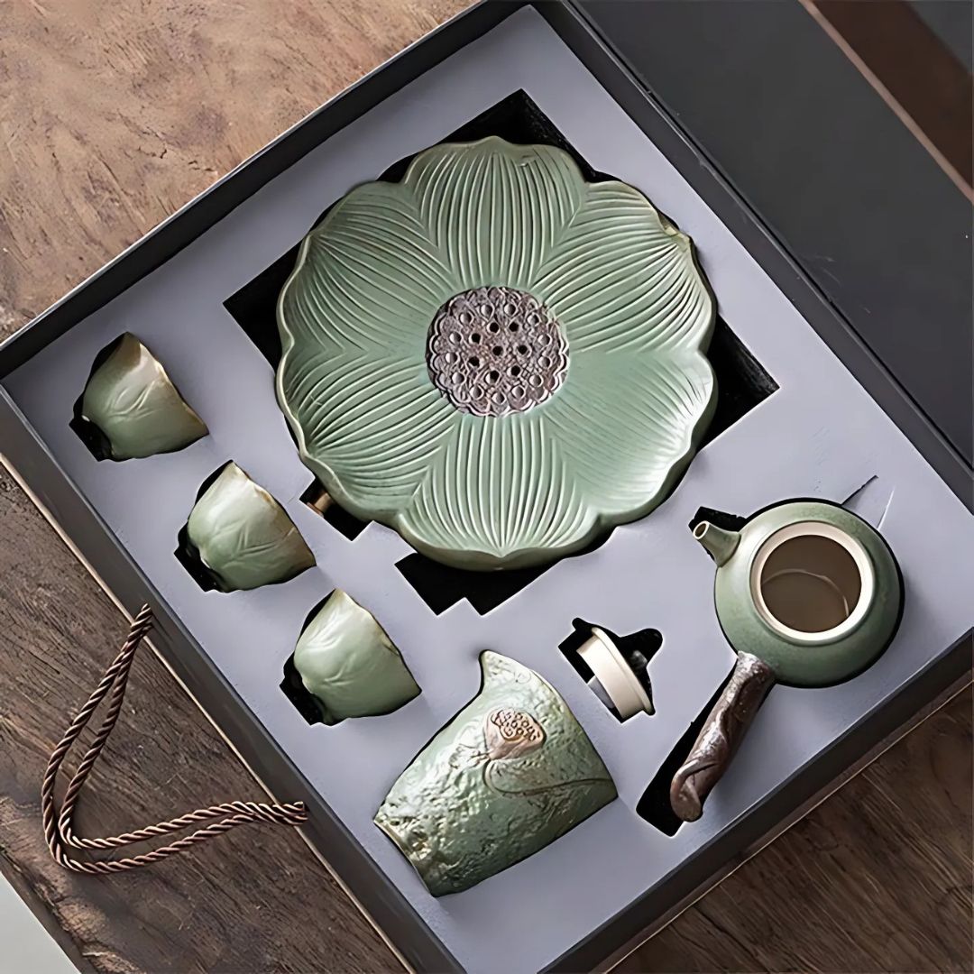 6-Piece Japanese Ceramic Teapot Set | Teapot: 6.1 × 3.6 in | Petal Side Grip Gongfu Tea Set | With Drainable Tray | Brick by Brick