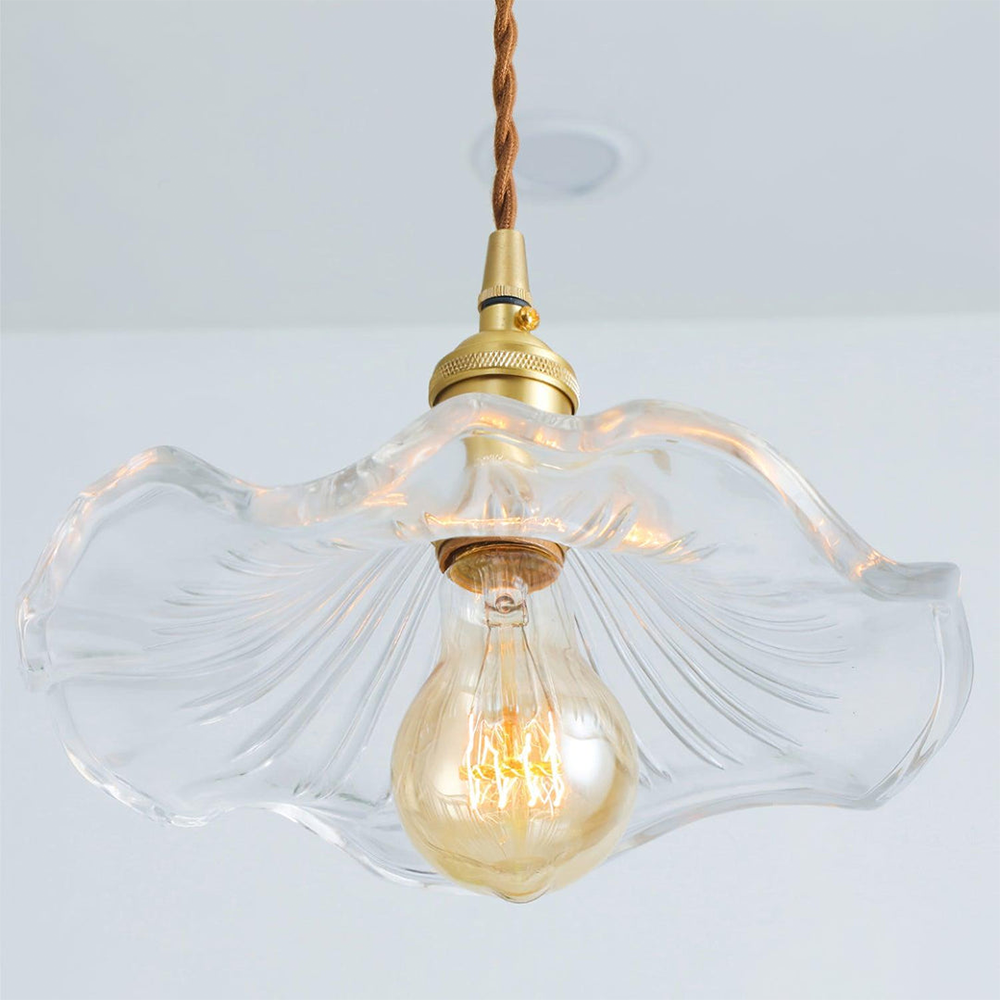 Art Nouveau Fluted Glass Pendant | Flower-Inspired Shade | H4.72in x D9.06-23.62in | Brass & Glass Craftsmanship | Brick by Brick
