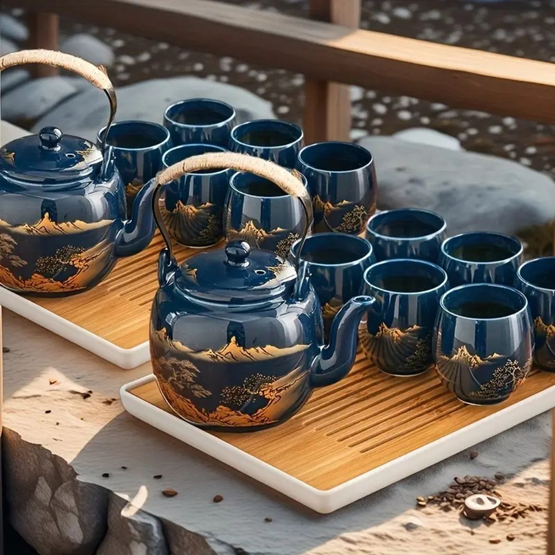 Japanese Blue Landscape Tea Set |6.3 × 4.7 × 5.1 in | Porcelain Teapot | 6 Cups and Tray | Brick by Brick