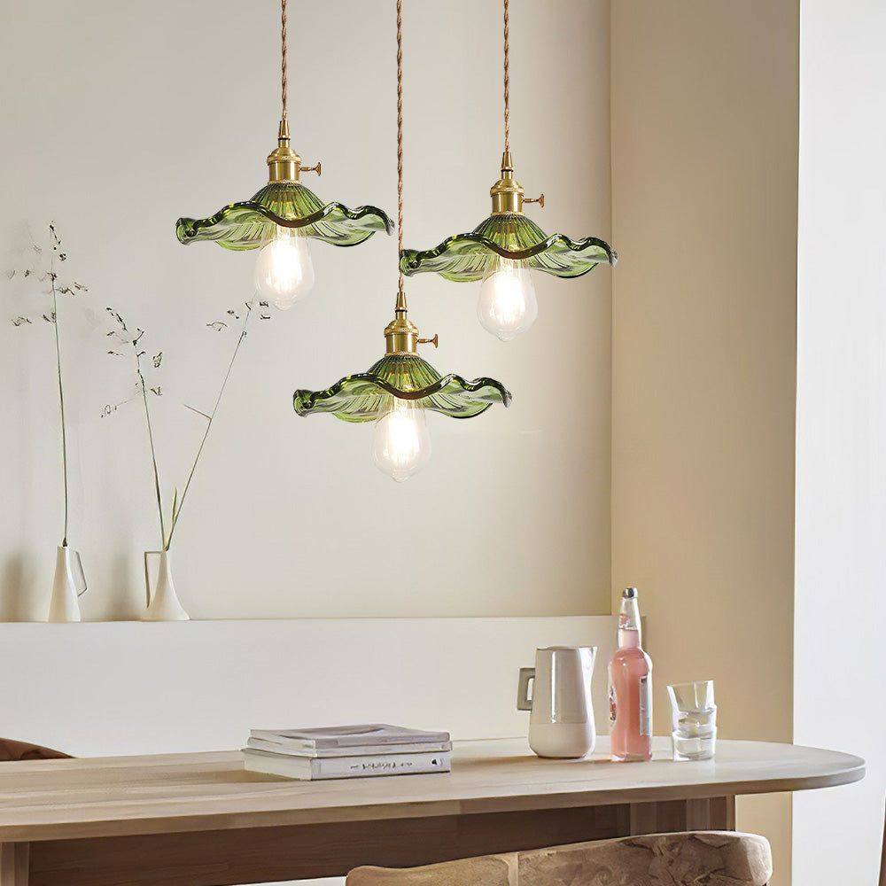 Art Nouveau Fluted Glass Pendant | Flower-Inspired Shade | H4.72in x D9.06-23.62in | Brass & Glass Craftsmanship | Brick by Brick
