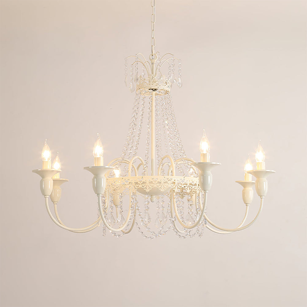 Vintage White Metal & Glass Chandelier | Crystal Tassel Ceiling Light, 4/6/8 Lamp | Brick by Brick
