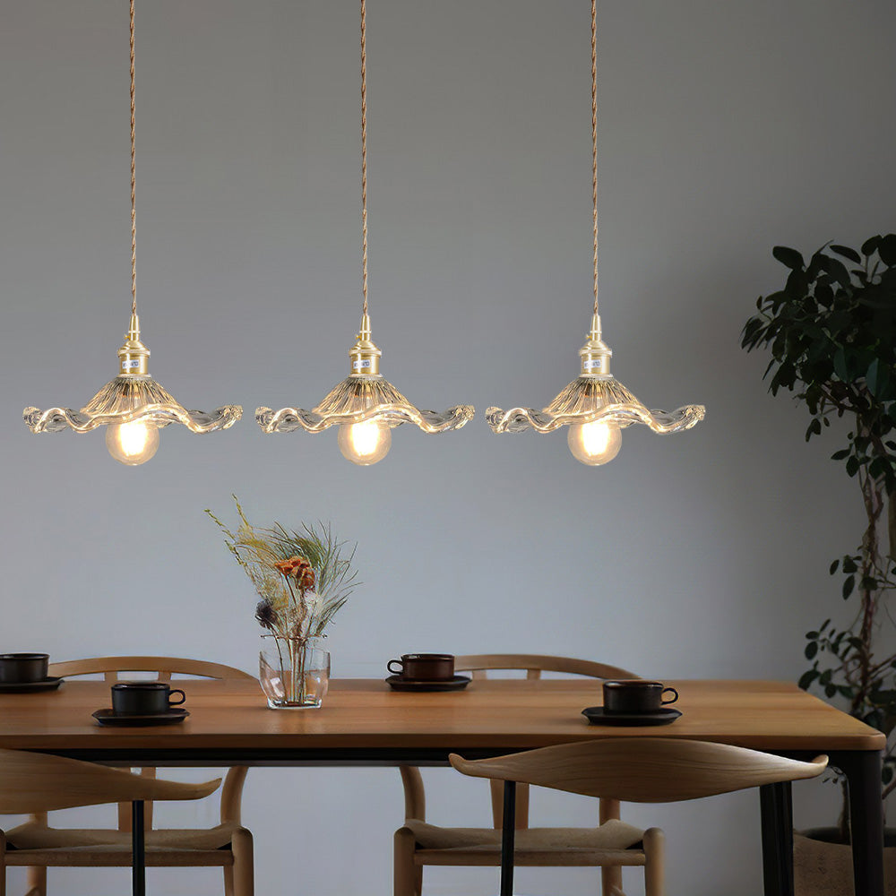 Art Nouveau Fluted Glass Pendant | Flower-Inspired Shade | H4.72in x D9.06-23.62in | Brass & Glass Craftsmanship | Brick by Brick