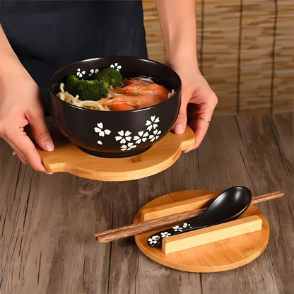 Japanese Handpainted Ramen Bowl Set | 40.5oz | Traditional Ceramic Bowl | Bamboo Lid & Wooden Tray | Brick by Brick