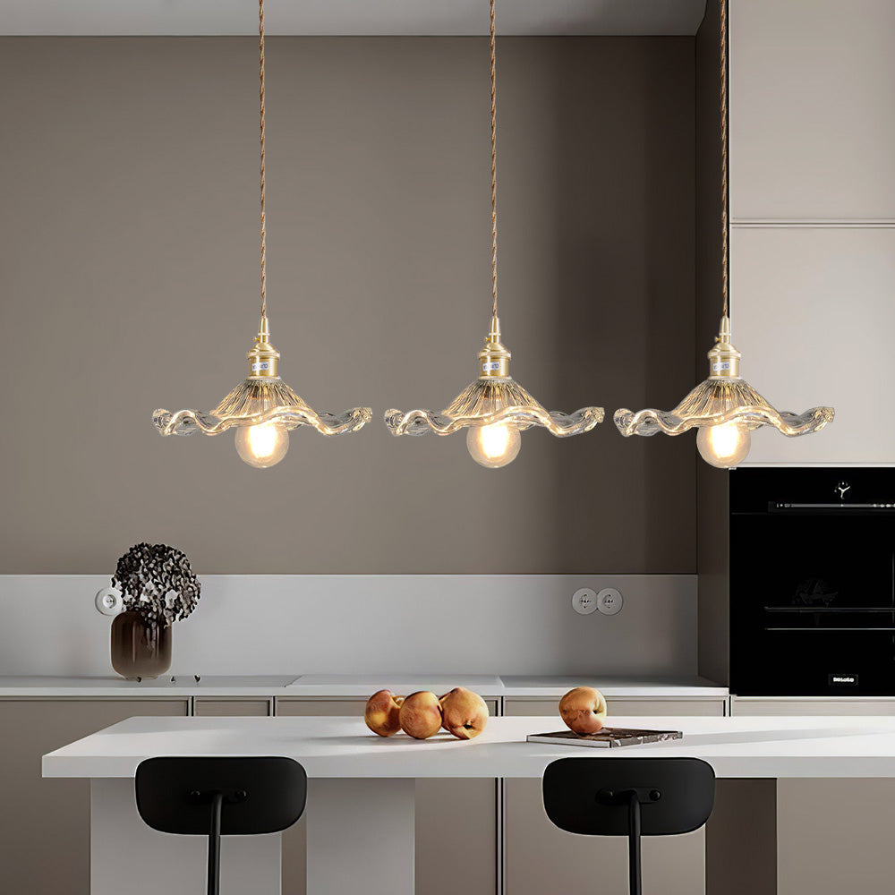 Art Nouveau Fluted Glass Pendant | Flower-Inspired Shade | H4.72in x D9.06-23.62in | Brass & Glass Craftsmanship | Brick by Brick