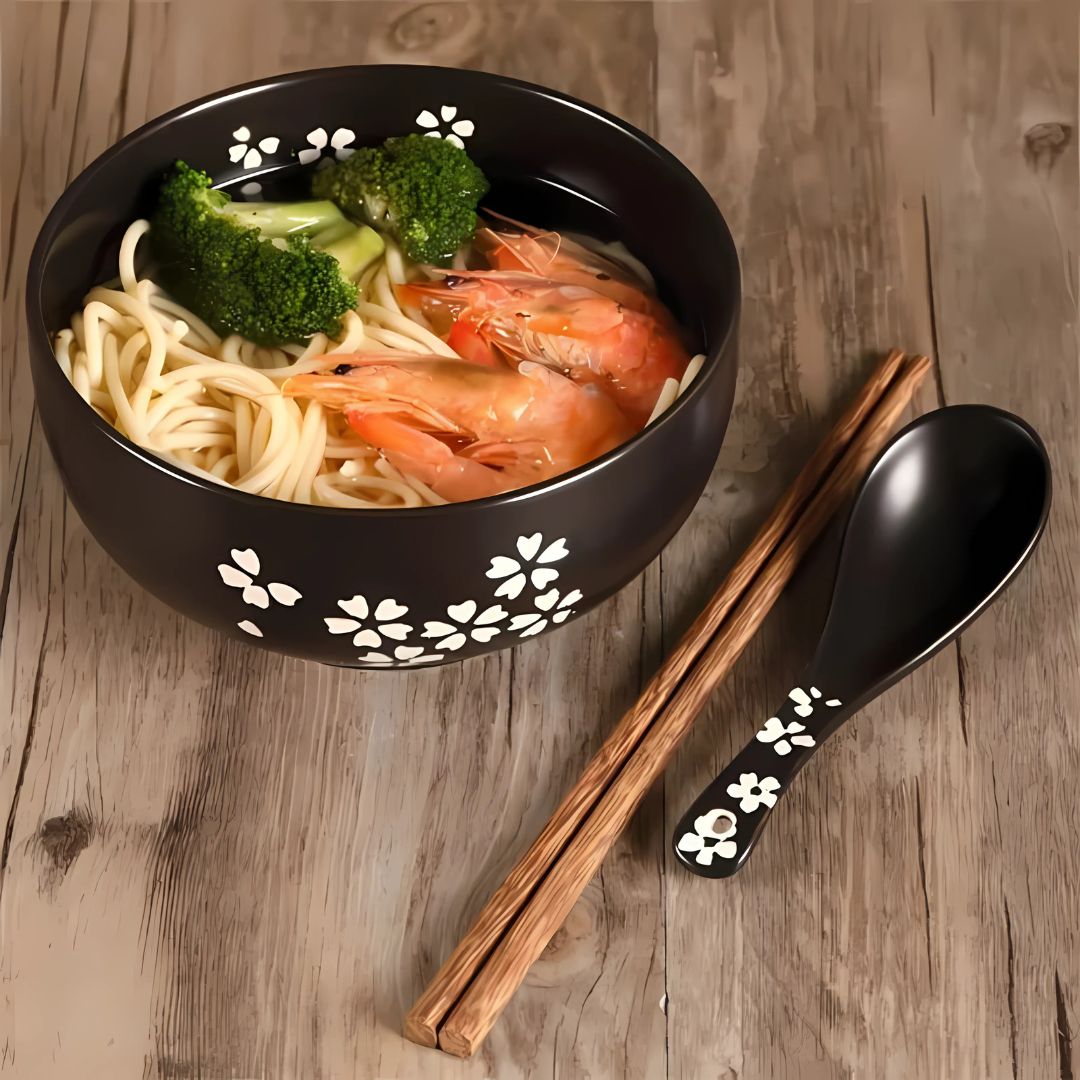 Japanese Handpainted Ramen Bowl Set | 40.5oz | Traditional Ceramic Bowl | Bamboo Lid & Wooden Tray | Brick by Brick