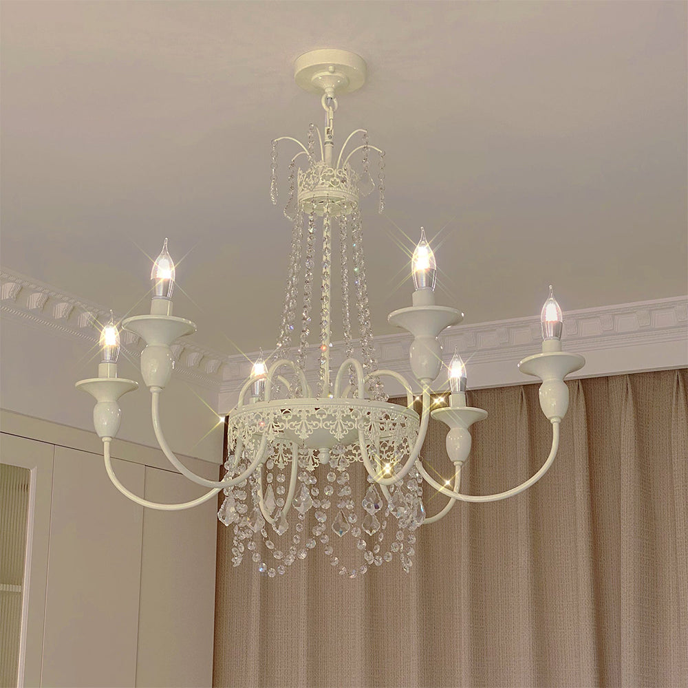 Vintage White Metal & Glass Chandelier | Crystal Tassel Ceiling Light, 4/6/8 Lamp | Brick by Brick