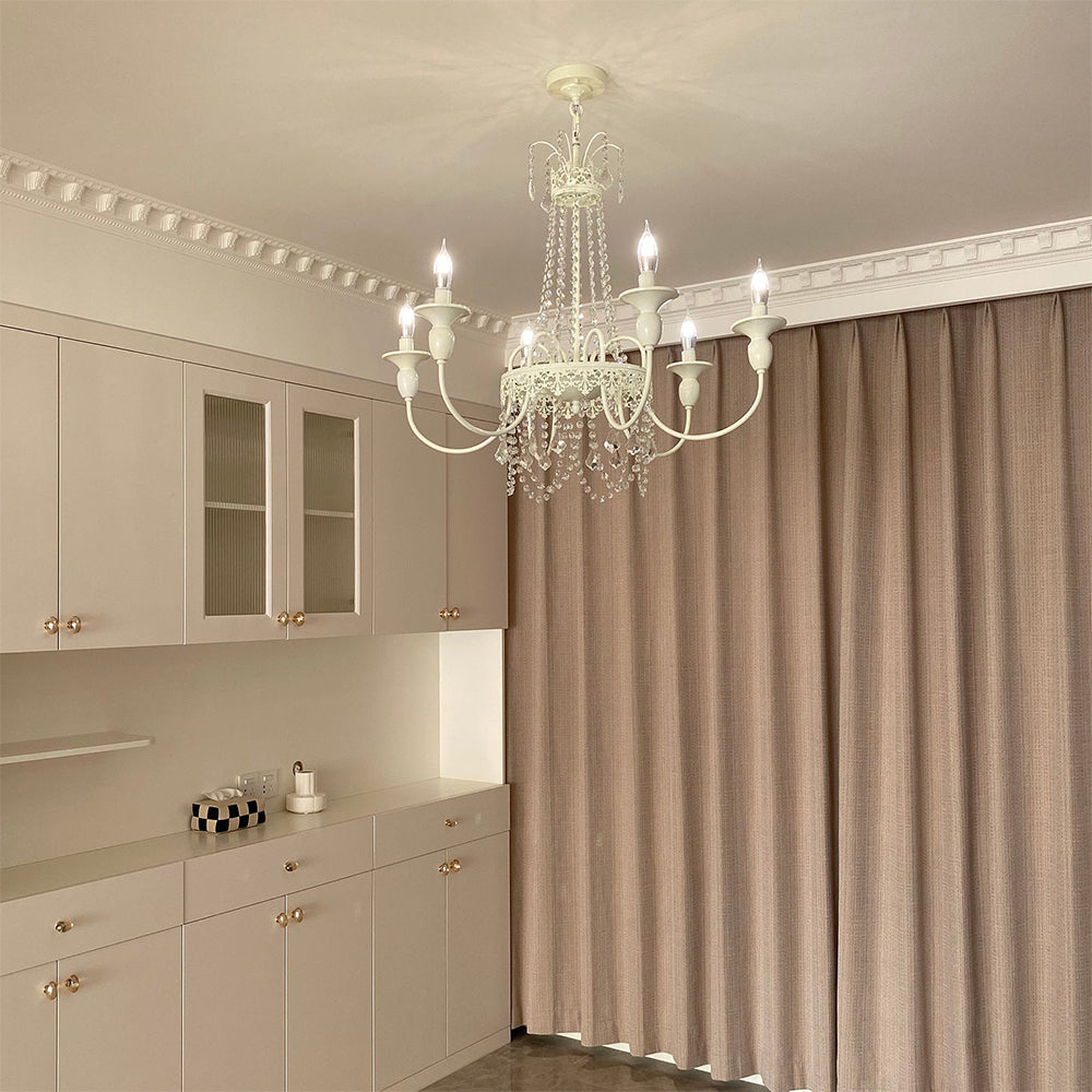 Vintage White Metal & Glass Chandelier | Crystal Tassel Ceiling Light, 4/6/8 Lamp | Brick by Brick