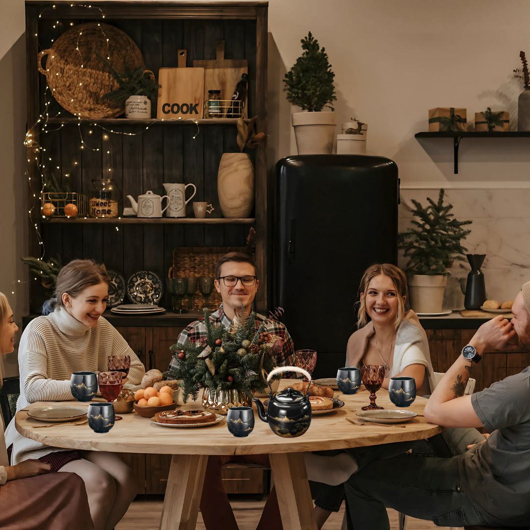 Japanese Blue Landscape Tea Set |6.3 × 4.7 × 5.1 in | Porcelain Teapot | 6 Cups and Tray | Brick by Brick