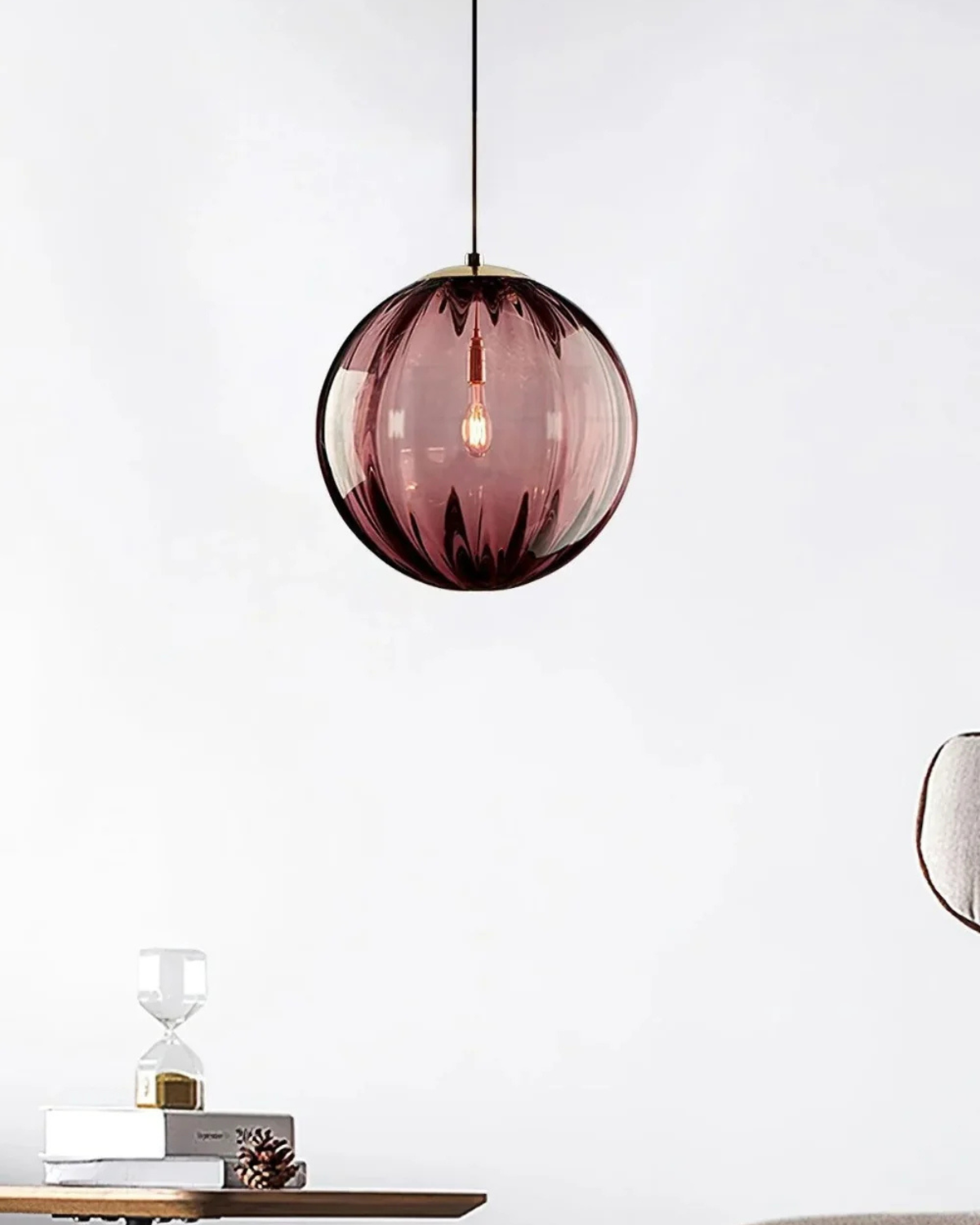 Hanging Pendant Lamp | Amber Glass Globe | Retro Modern Ceiling Light | Adjustable Cable Fixture | Brick By Brick