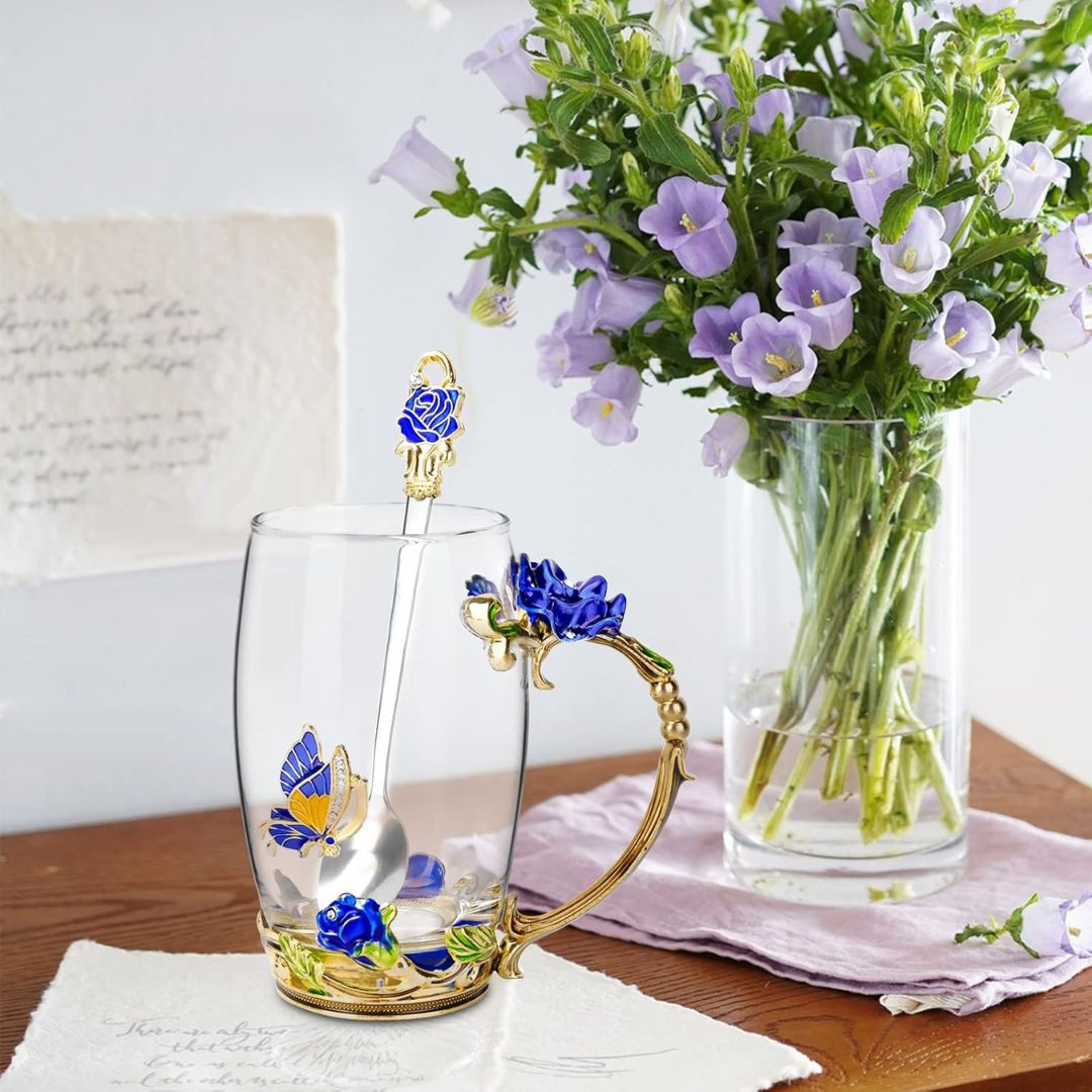 Glass Coffee Enamel Mug | 350ml | 3D Floral Glass Cup with Handle | Elegant Gift for Women | Brick by Brick